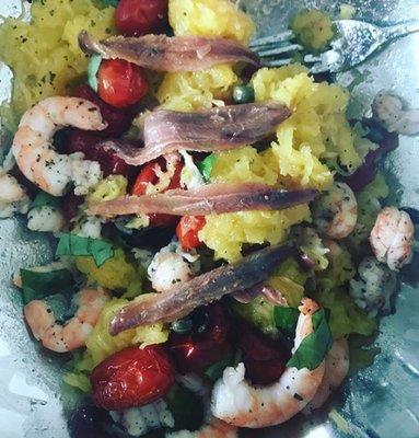 Spaghetti squash langostinos shrimp and anchovies