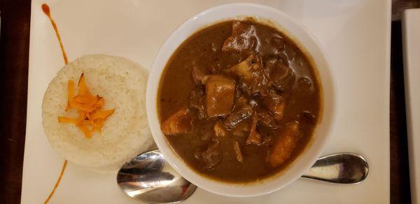 Mafé: Lamb stewed in peanut sauce, sweet potatoes, white potatoes, carrots, with jasmine rice