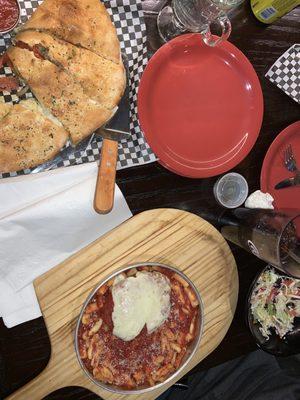 Chicken Parmesan & salad (nice size house salad). Pepperoni, mushrooms & Cheese Calzone.