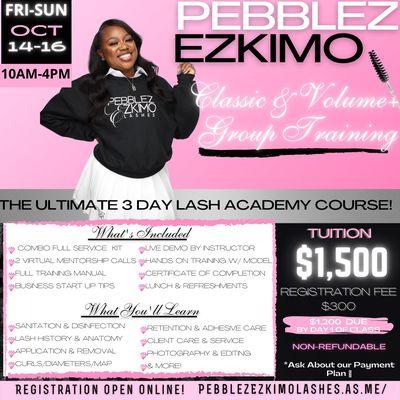 GROUP LASH TRAINING COMBO LASH CLASS
3 CONSECUTIVE DAYs! OCTOBER 14-16