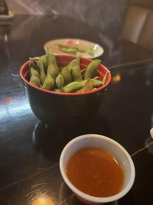 Edamame hot sauce on the side