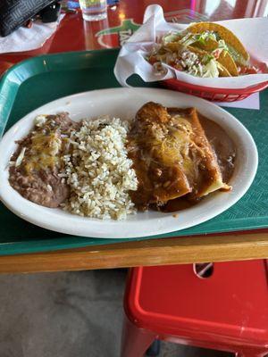 Ground Beef Enchiladas, cilantro lime rice, refried beans and Ground Beef Tacos