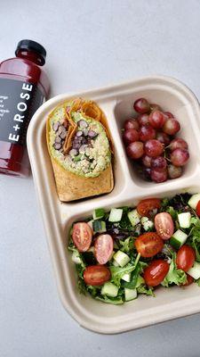 E+ROSE Wrap Pack- The Wrap Pack comes with a fresh house salad with a house-made salad dressing, crisp grapes, and 1/2 of the Katalina