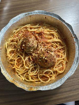 Spaghetti and meatballs to go.