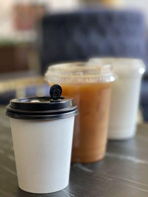 L to R: Lavender syrup cappuccino, Iced Americano, and Honey Lavender syrup Italian soda