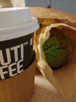 Hot chocolate and a pistachio muffin