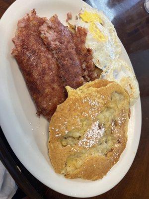 O-M-G... Banana Pancakes with 2 Eggs over medium and Corned Beef Hash...