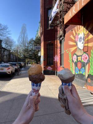 Left: exotic fruit sorbet and chocolate chunk (both vegan)