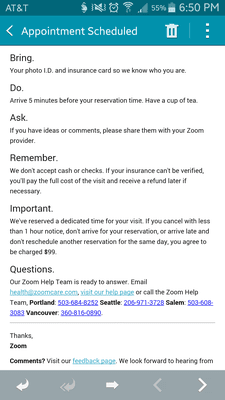 Confirmation email from ZoomCare - check out the important details