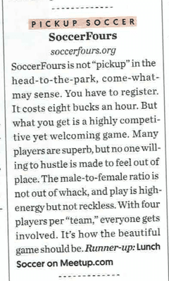 Write-up from San Francisco Magazine regarding our "Best Pickup Soccer" award for 2017.