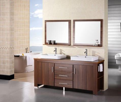 71" Double Vessel Sink Bathroom Vanity Shown In Toffee Finish With Dual Matching Mirrors.  Washington Collection.