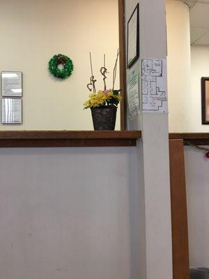 Dead orchid with plastic flowers stuck in container "displayed" on reception desk at X-ray center - Radner.