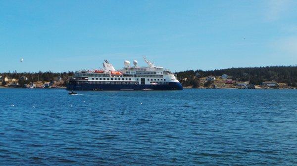 Ship anchored at Louisburg, Quebec with Zodiacs to tender ashore.