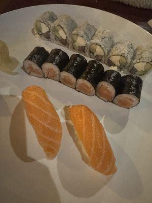 Salmon roll, Philly roll and salmon sushi