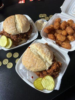 Hot chicken sandwich, hot tots