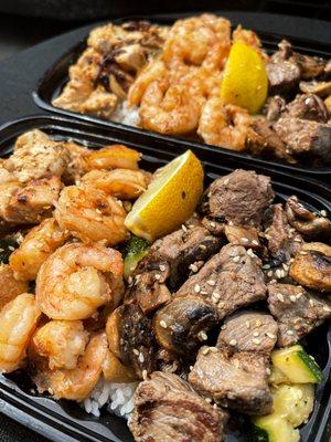 Chicken, shrimp and steak plate