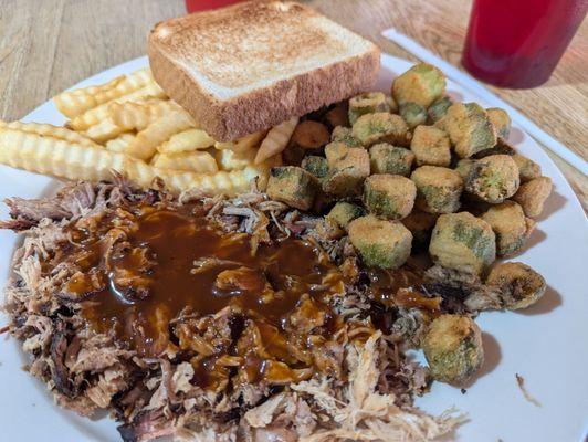 Pulled pork, fried okra, crinkle fries.