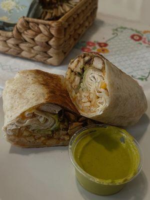 Chicken burrito and spicy sauce