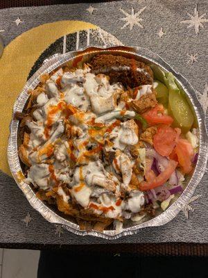 Mixed shawarma over rice. (Falafel included) soo good!