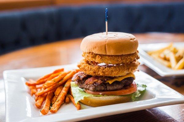 Western Bacon Burger with sweet potato fries!