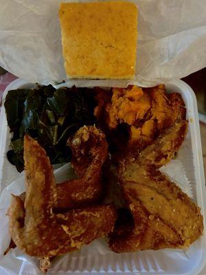 Wing dinner with collard greens, yams and cornbread.