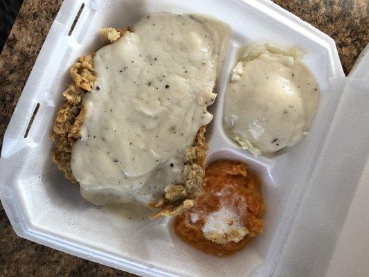 Country fried steak w/mashed potatoes n sweet potato