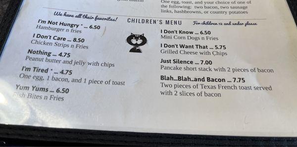 Kid's menu with the best titles ever.