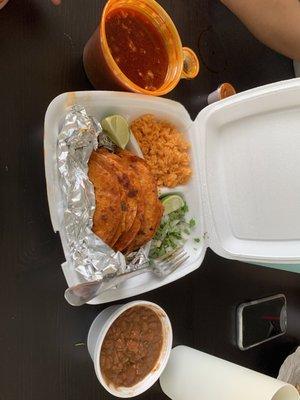 Consomé(left), rice, veggies, quesabirrias and frijoles charros