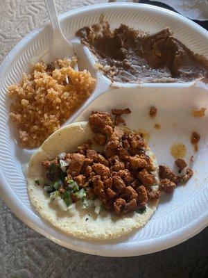 Adobaba taco, rice, refried beans