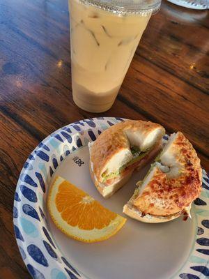 Iced caramel macchiato with oatmilk. BAT bagel no bacon. (Avocado, tomato, bagel with cream cheese)