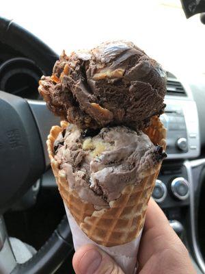 Peanut butter and chocolate on top. Boston cream pie on the bottom. A little over $3 because on the 31st of the month it's a $1.50 a scoop!