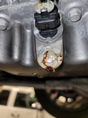 You can see the "caulking" they placed over my oil pan and the oil leaking out.