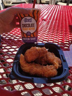 3pc chicken tenders.. Freal Choc Peanut Butter shake.  $8.63