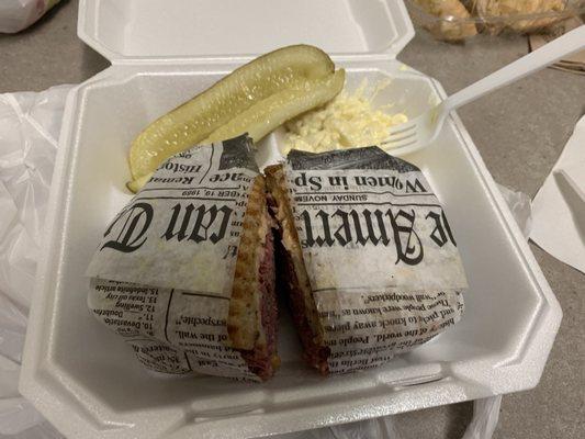 Mmmmmmm Chicago rueben with pickles and potato salad