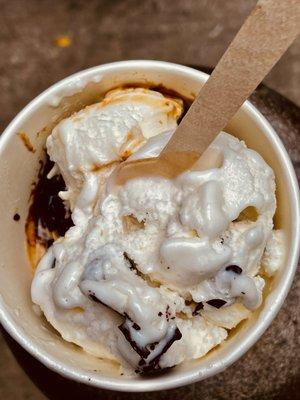 Caramel Fig + Stracciatella. 2 scoops, $4.50 + tax + tip