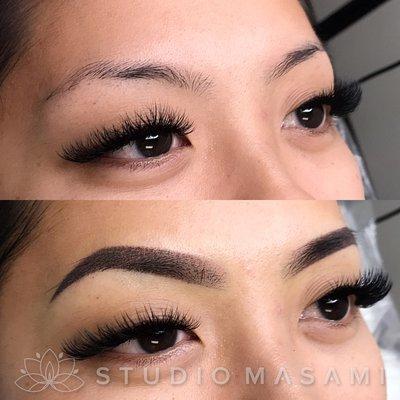 Detailed "powder" ombré brows before and immediately after