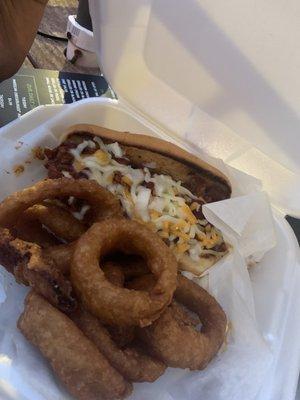 Chili Dog and Onion Rings