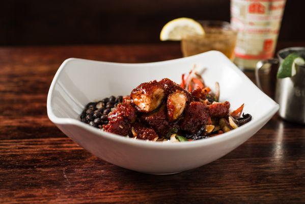 Korean BBQ Bowl - Cilantro-Lime rice, black beans, sauteed peppers, onions, carrots, mushrooms, water chestnuts, chopped wings.