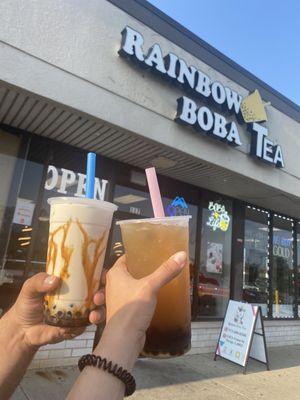 Picture outside: pink straw is a large lychee jasmine tea with tapioca. Blue straw is a large horchata milk tea with tapioca