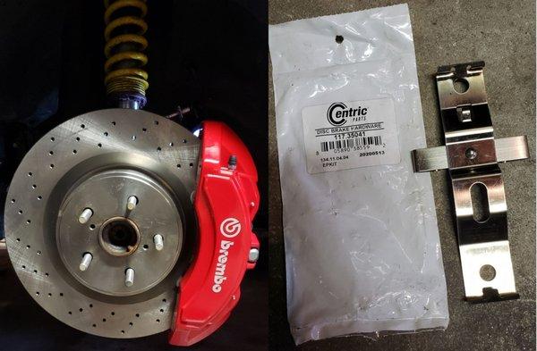 Centric brake hardware kit for a 2013 Jeep Srt8 Brembo conversion on a Mk4 Toyota Supra.