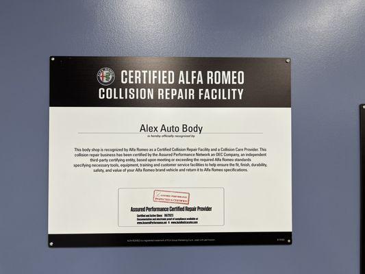 Alfa Romeo certified repairer.