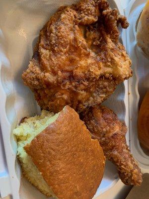 Pan-fried breast  Pan-fried drumstick  Cornbread