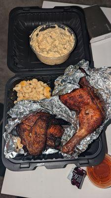 $25 half chicken dinner. Macaroni and potato salad