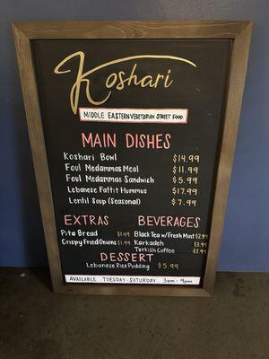 Koshari's menu