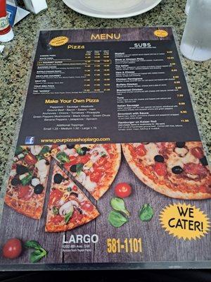 Pizza and sub menu