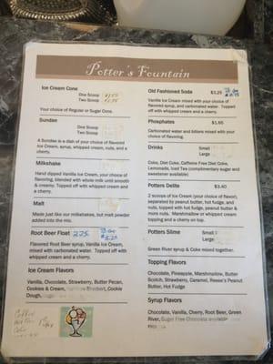 The potters soda fountain menu.