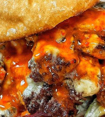 Blue Cheese Burger with Homemade Buffalo Sauce "Not Franks Red Hot"