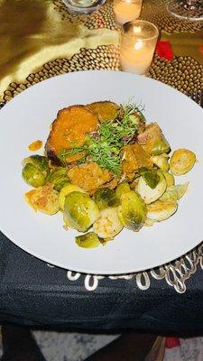 Short rib, sweet potatoes and toasted Brussel sprout.