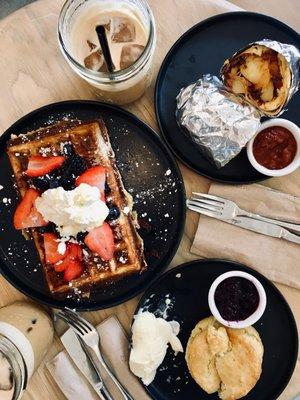 Nice biscuit, breakfast burrito and waffle with berries and ricotta cheese