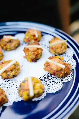 Corncake passed hors d'ouevres with red pepper rouille and crisp apple (photo by Simone Anne Photography)